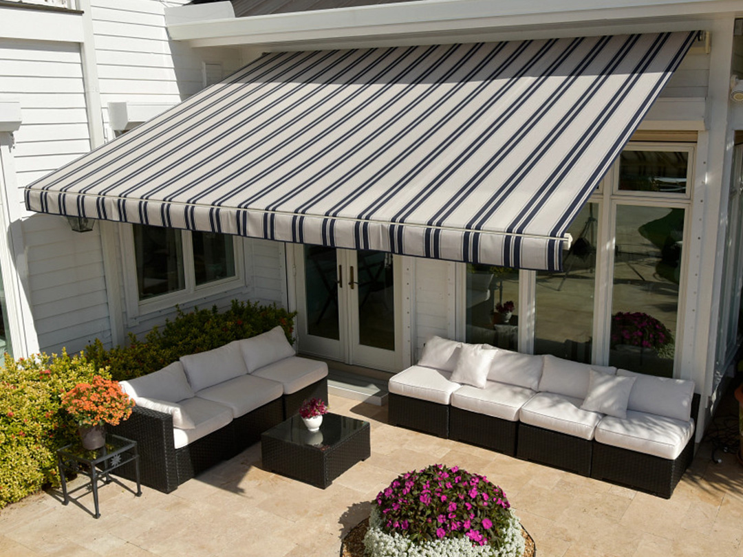 black and white striped SunSetter Awning
