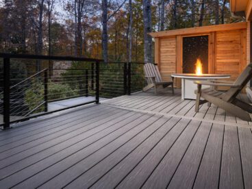 wood composite deck with black railings