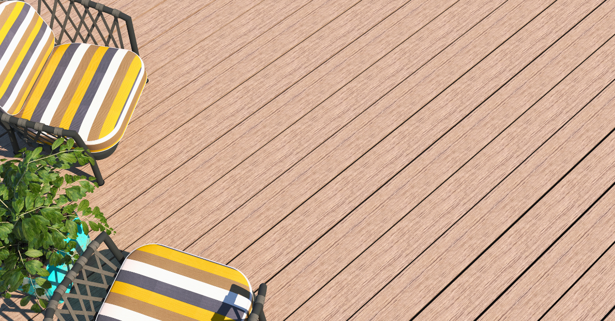 light brown composite deck with yellow striped chairs