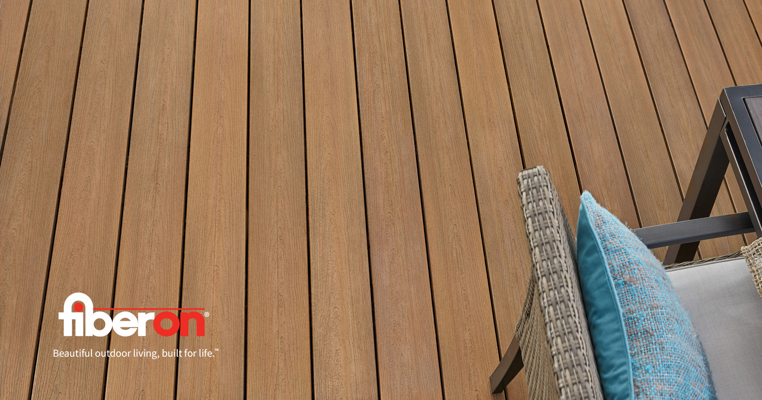A Fiberon graphic featuring dark brown decking with furniture off to the right.