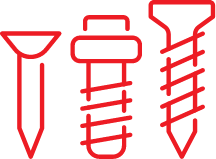 A stylized graphic of different types of screws in red.