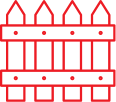 A stylized graphic of a picket fence in red.