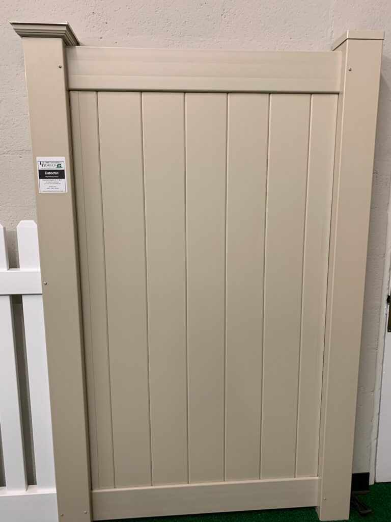 An in store sample of a composite privacy fence at Ladiesburg Lumber.