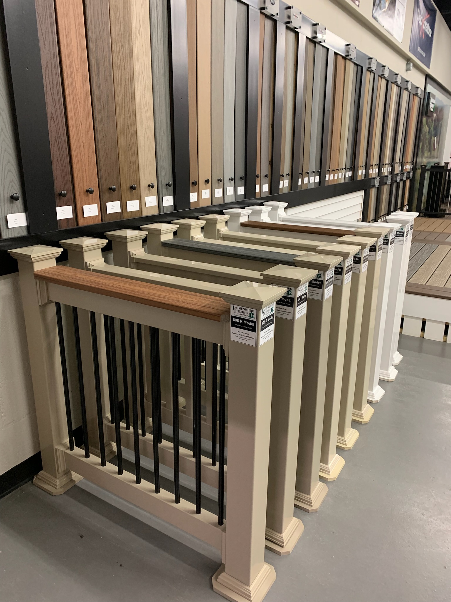 Fence and deck samples lined up at Ladiesburg Lumber.