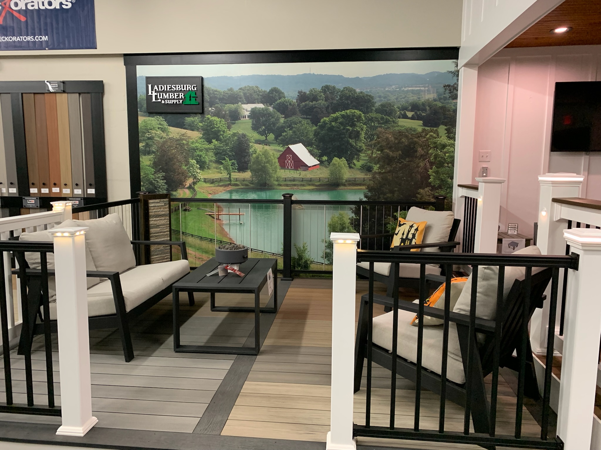 A staged deck inside of Ladiesburg Lumber to help give customers the "finished look".