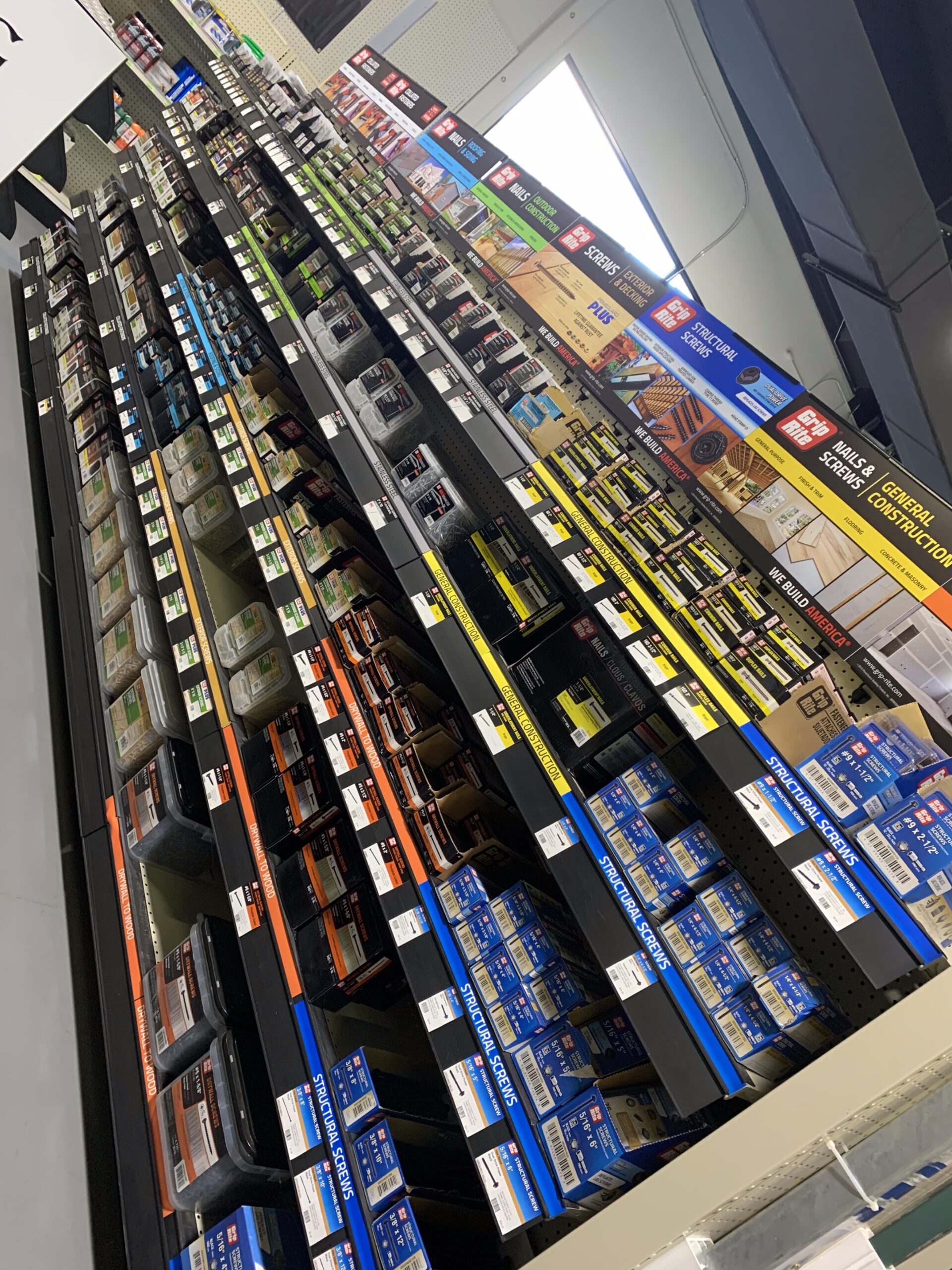 An aisle shot of every nail and screw you could ever need for your home project, for sale at Ladiesburg Lumber.