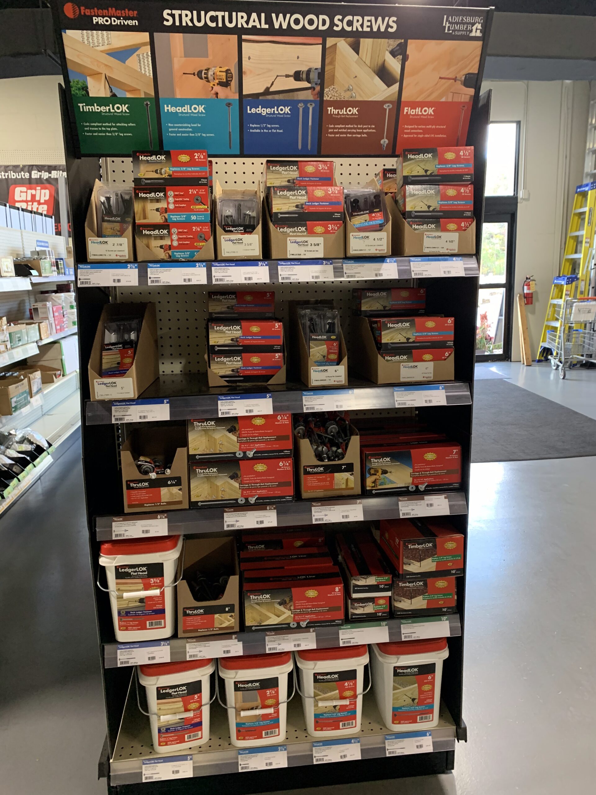 A structural wood screw display and inventory for sale at Ladiesburg Lumber.