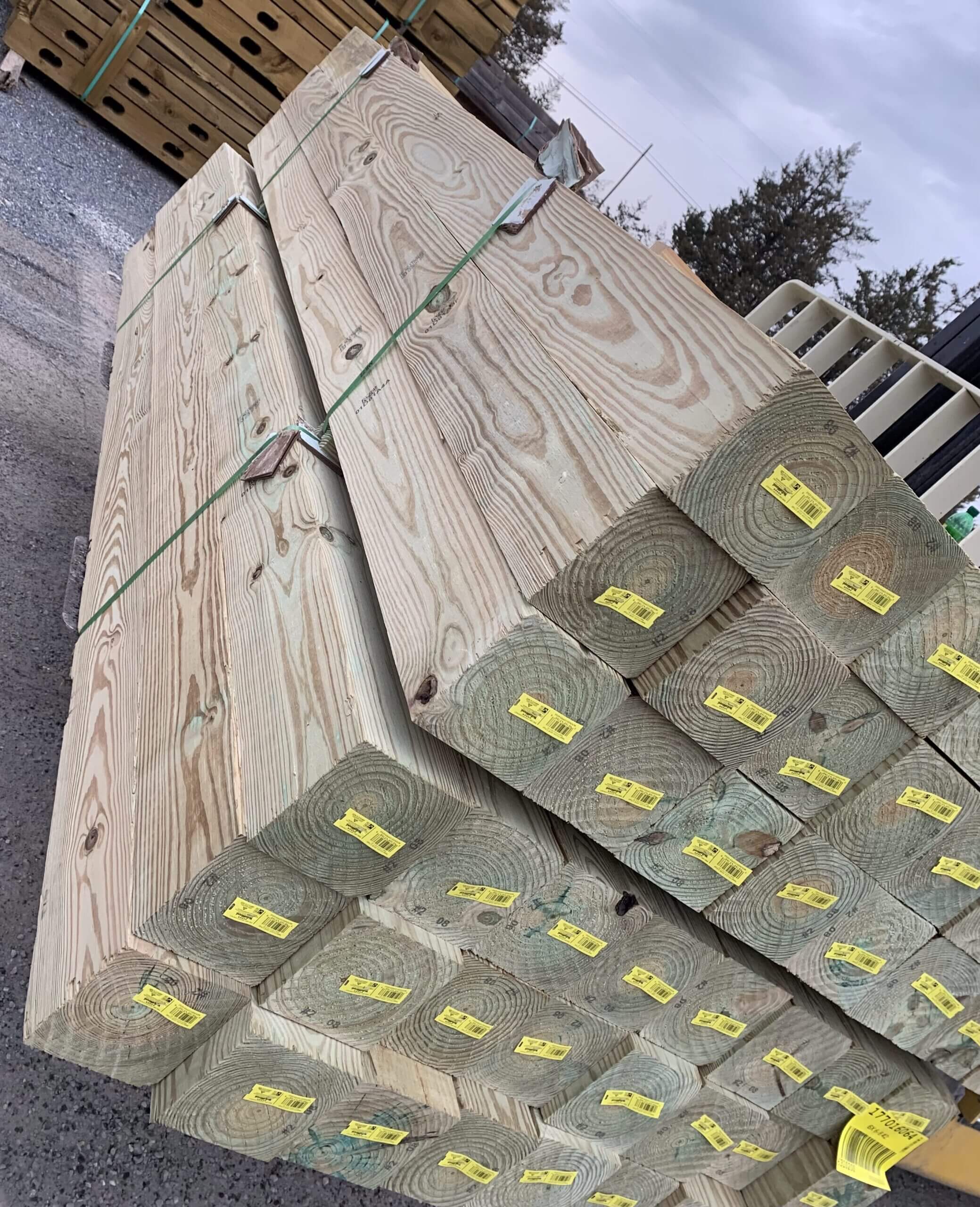 Two full stacks of 6x6 posts in the Ladiesburg Lumber parking lot.