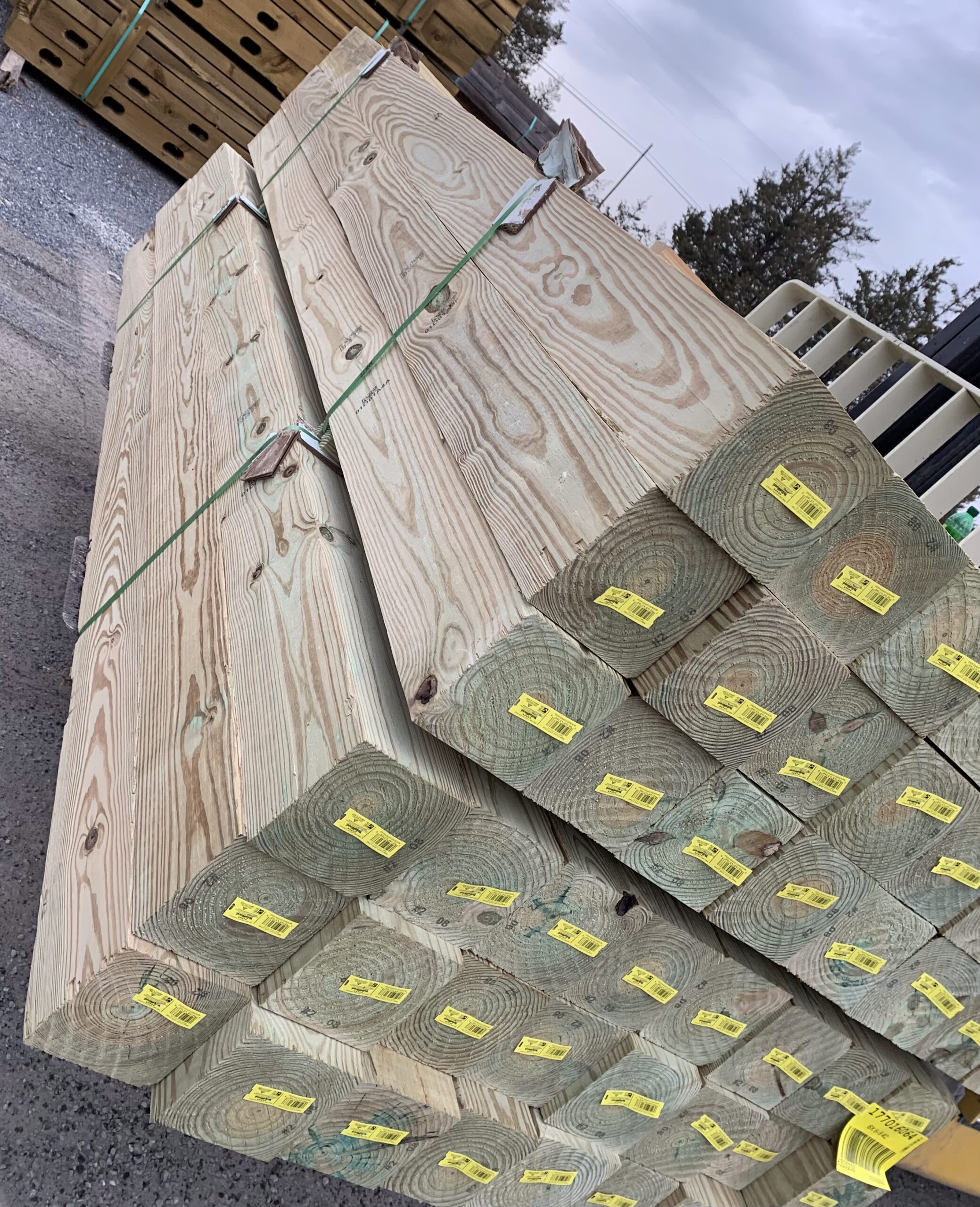 Two full stacks of 6x6 posts in the Ladiesburg Lumber parking lot.