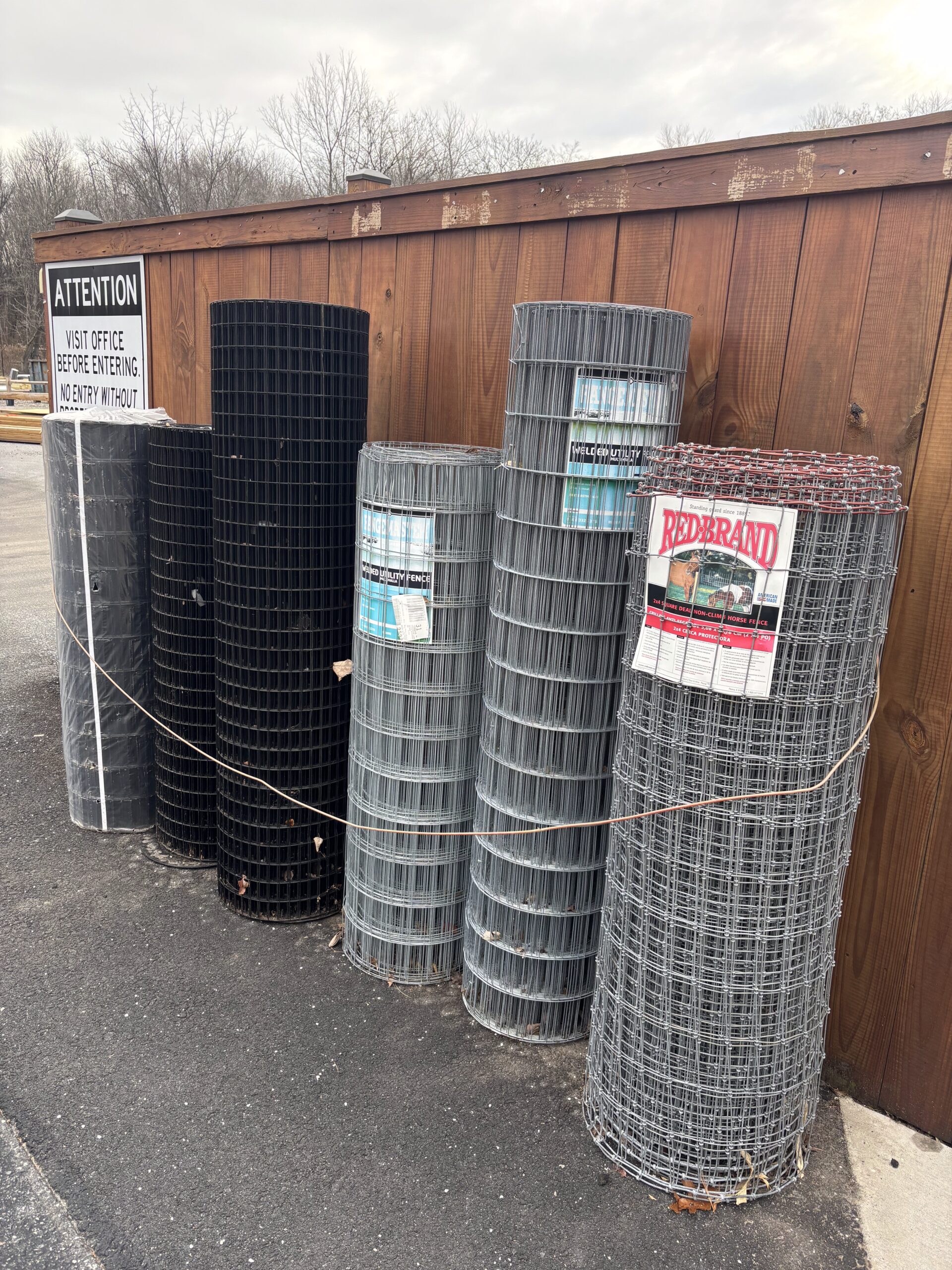 Various rolls of fencing wire to prohibit pets and animals from getting though.
