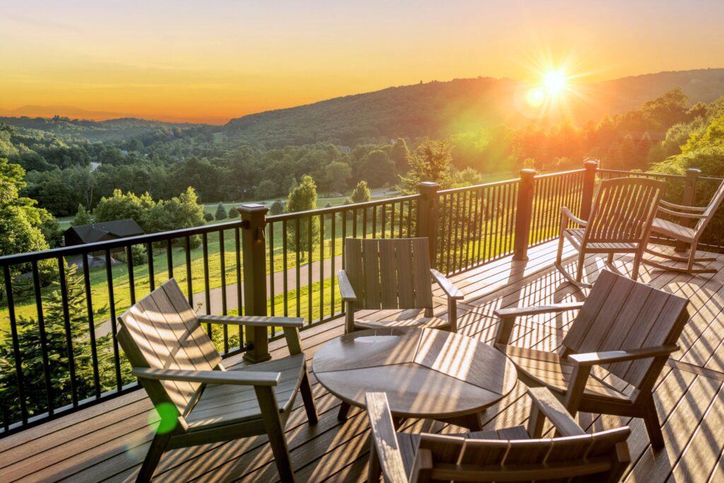 The sun sets on a back deck overlooking a valley.