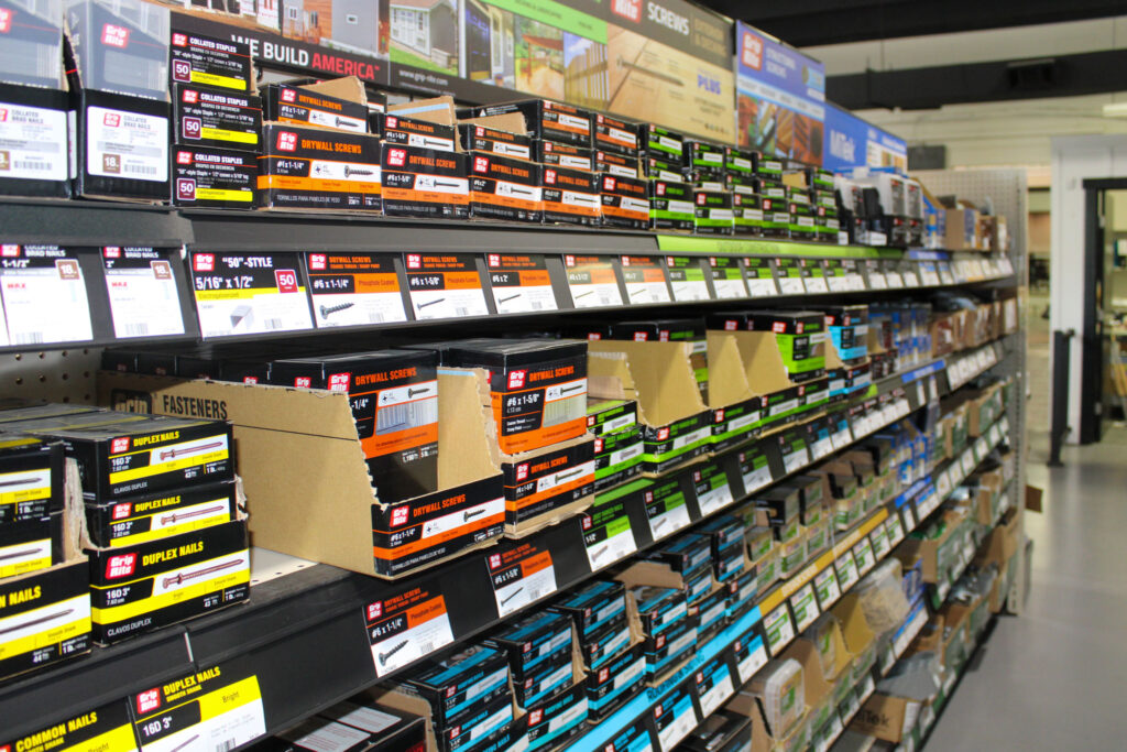 Inside the Ladiesburg Lumber store in the screw and nail aisle.