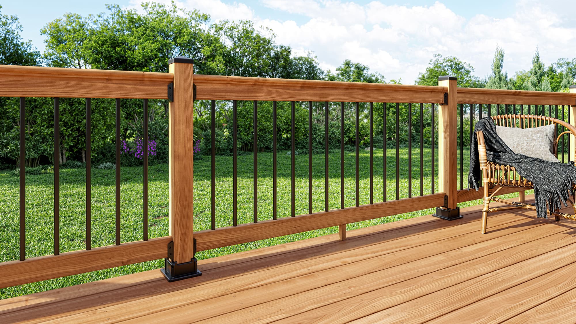 An elegantly designed lumber deck featuring stained wood pieces and black hardware.