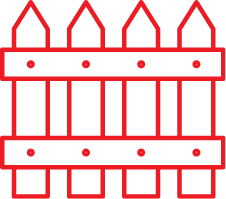 A stylized graphic of a pressure treated wood picket fence in red.