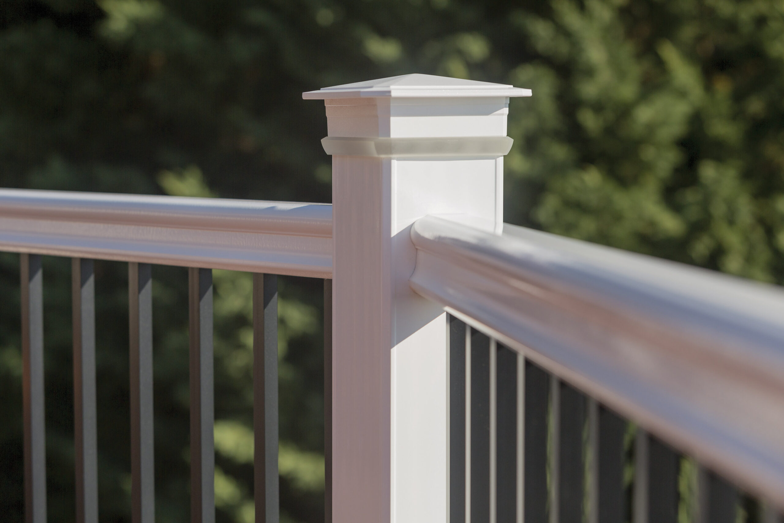 A close up up a white aluminum deck railing white black rod guards.