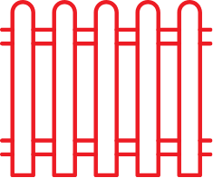 A stylized graphic of a vinyl picket fence in red.