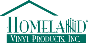 The heavily stylzied Homeland Vinyl Products logo, featuring an off-green color scheme and fence shaped "N" and roof over the logo.