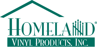 The heavily stylzied Homeland Vinyl Products logo, featuring an off-green color scheme and fence shaped "N" and roof over the logo.