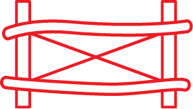 A stylized graphic of a split rail fence in red.