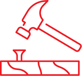 A stylized red graphic of a hammer hitting a nail.