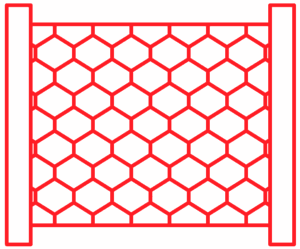 A stylized red chainlink fence graphic.