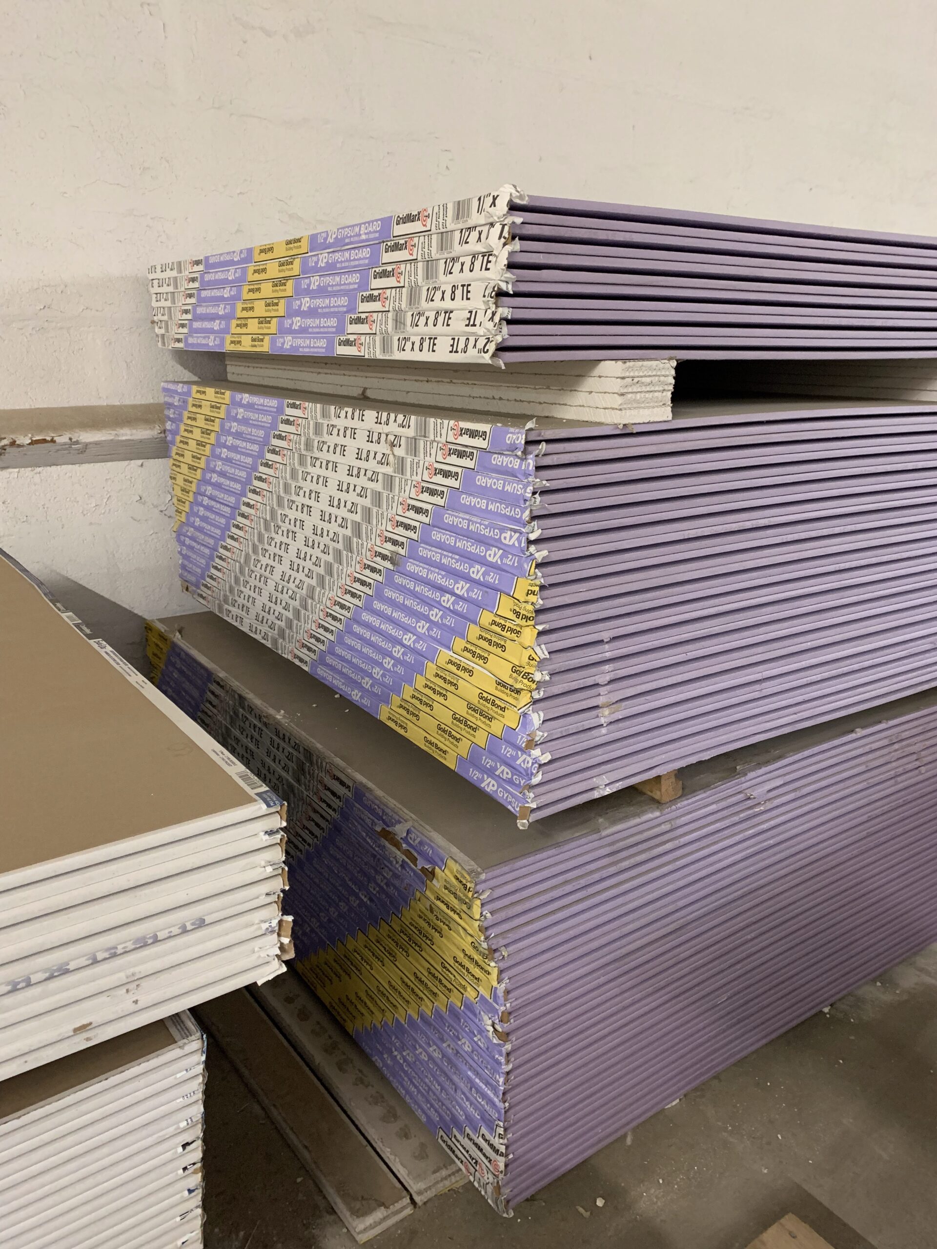 Stacks of gypsum board in stock at Ladiesburg Lumber.