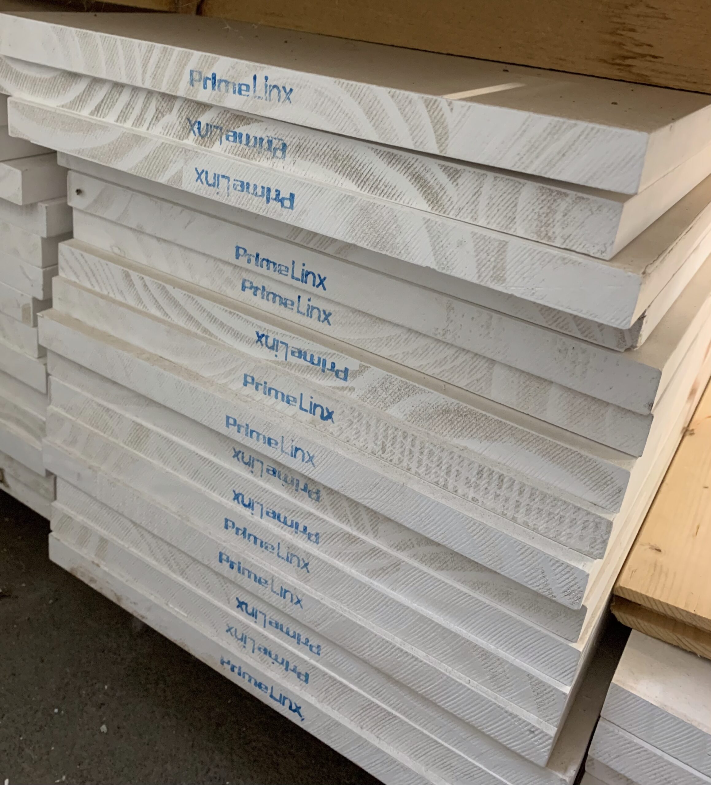 A stack of PrimeLinx board in stock at the Ladiesburg Lumber warehouse.
