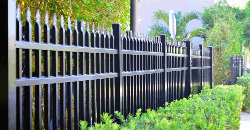 A painted black aluminum fence stretching down a sidewalk with hedges on the perimeter.