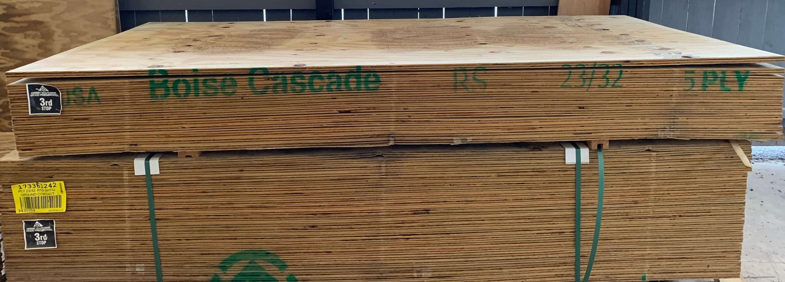 A large stack of plywood sitting in the Ladiesburg Lumber warehouse.