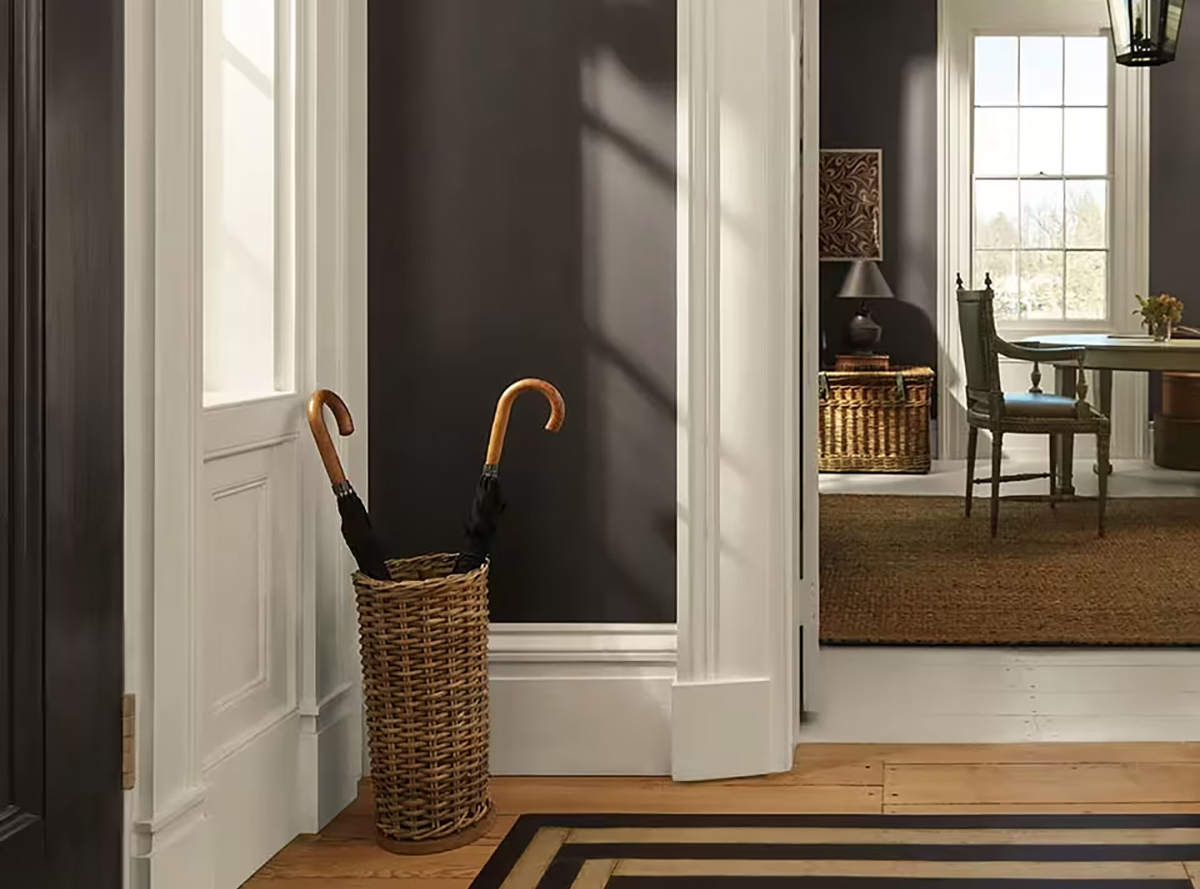 A muted green brown painted foyer with wood flooring.
